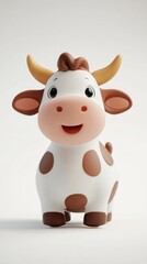 A cheerful cartoon cow with brown spots and a friendly expression.