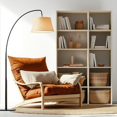 Cozy reading nook with a chair, lamp, and bookshelf in a minimalist setting.