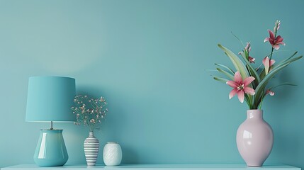 Blue Lamp and Fresh Flowers in a Vase: Stylish Interior Vignette Featuring Playful Decorative Elements on a Minimalistic Shelf