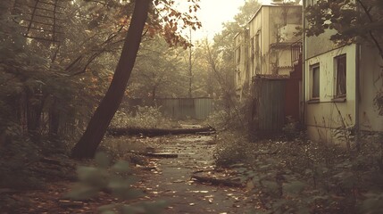 A quiet, abandoned neighborhood in ruins, overgrown with vines and fallen trees, captured in a vintage film style, sepia tones, soft focus, illustrating the passage of time
