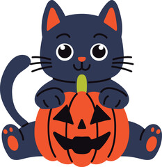 Cute Black Cat with Pumpkin Halloween Illustration Clipart