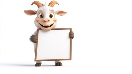 A cheerful cartoon goat holding a blank sign, ready for a message or advertisement.