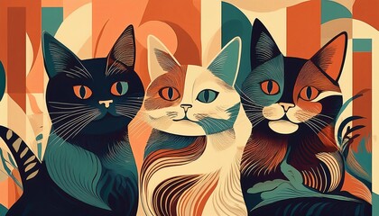 retro vintage cats background minimalist illustration