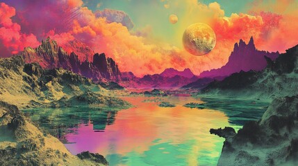 Vivid Surreal Landscape featuring a richly saturated collage style artwork