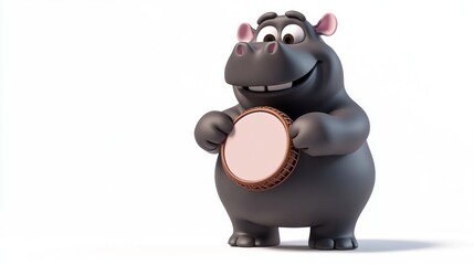 Naklejka premium A cheerful cartoon hippo holding a round object, possibly a dessert or plate.