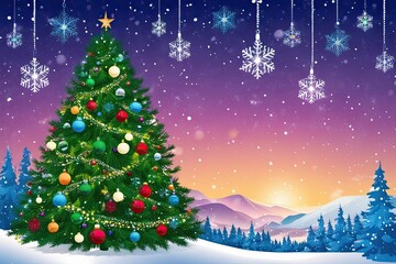Fototapeta premium Vibrant Winter Landscape Festive Tree Illustration with Colorful Snowflakes Background