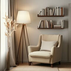 Cozy reading nook with a chair, lamp, and shelves filled with books.