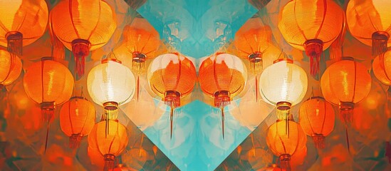 Orange hexagon featuring Asian paper lanterns in an abstract illustration Surreal design with mirror reflections of the image