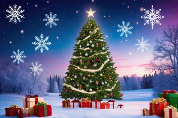 Obraz premium Stunning Winter Wonderland Featuring a Gorgeous Christmas Tree Snowflakes and a Starry Sky