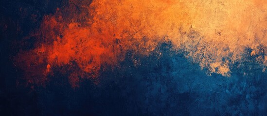 Fototapeta premium Abstract oil painting featuring textured brush strokes blending surrealistic elements with an artistic texture Grungy backdrop in shades of orange and dark blue