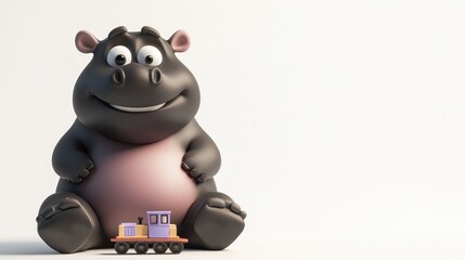 A cheerful cartoon hippo sits beside a colorful toy train, evoking a playful atmosphere.