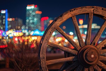 A wheel is shown in the foreground of a cityscape at night
