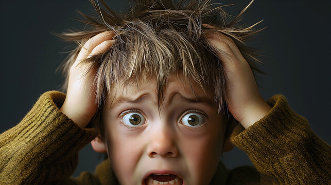 closeup of young boy, with stress or fear, holding his head with both hands, eyes wide open, and hair tousled. Anxiety and panic on his face with dark background.