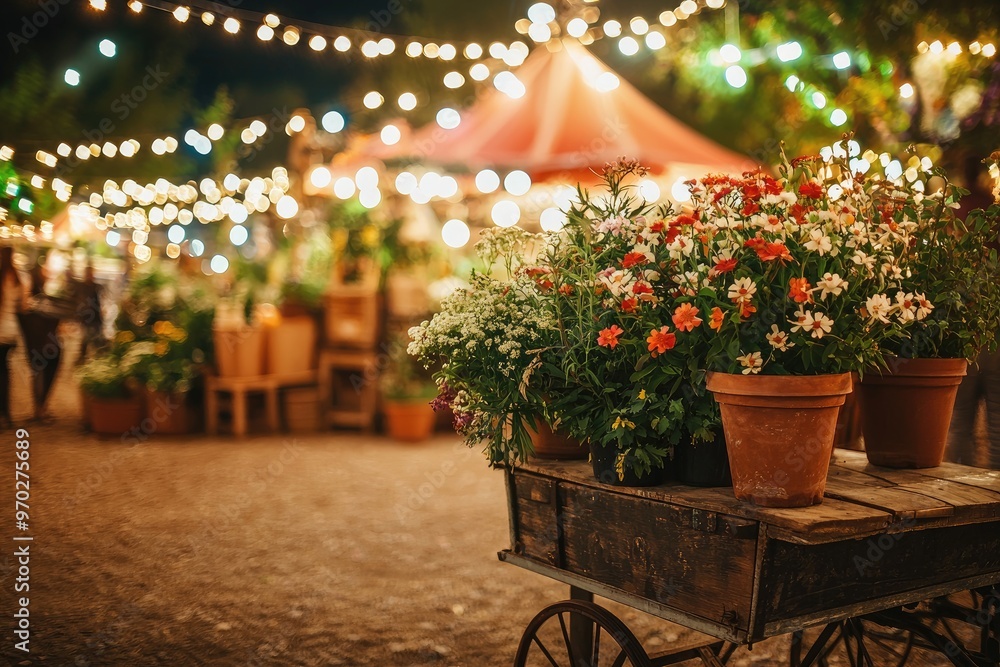 Wall mural a cart full of potted plants is parked in front of a tent, the scene is set in a market or festival