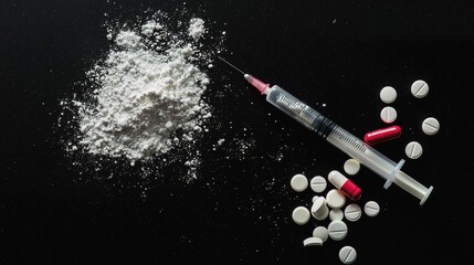 Illicit Drug Addiction and Substance Abuse Crisis with Needle Powder and Pills