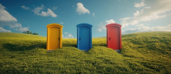 Obraz premium Three vibrant doors on a summer landscape featuring lush green grass Abstract surreal illustration showcasing creative fantasy art Modern realistic minimalistic design in 3D render