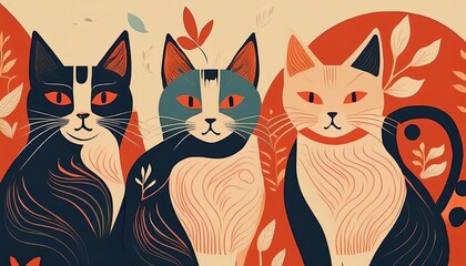 retro vintage cats background minimalist illustration