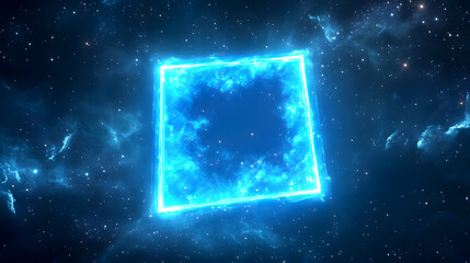 Obraz premium glowing square frame radiating vibrant blue light, hovering in space with stars twinkling behind, creating a portal-like effect