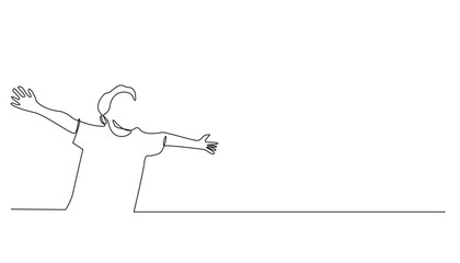 continuous line of child spreading arms.line art of child raising arms in nature. children's freedom.world children's day background