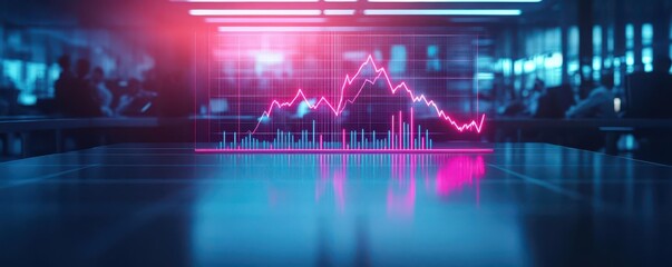 Obraz premium A dramatic scene of a global economic downturn with a graph plummeting and worried investors in a sleek, modern office