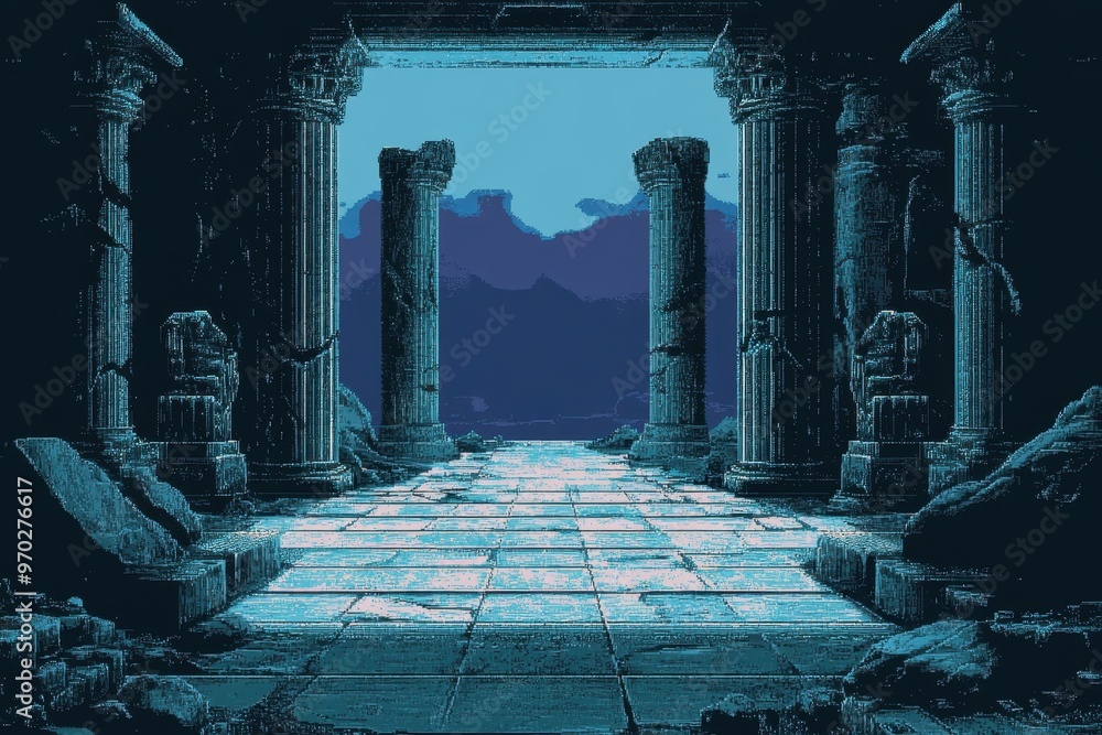 Poster retro 16-bit temple scene with pixel art statues and copy space for text