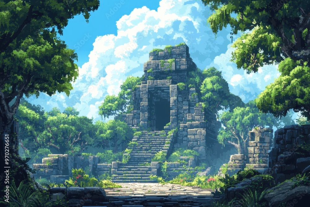 Poster retro 8-bit pixel jungle temple adventure with hidden pathways | blank copy space background