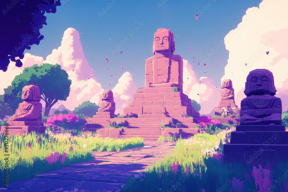 Poster Digital Sanctuary: Retro 16-Bit Temple with Pixel Statues on Open Ground for Text Overlay
