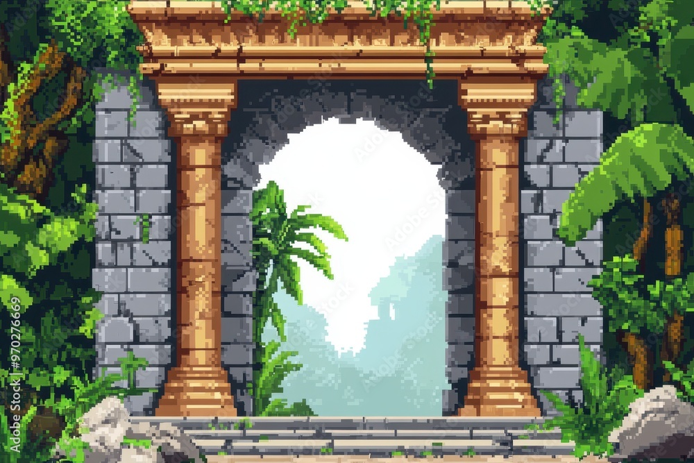 Poster retro 8-bit pixel jungle temple exploration with hidden pathways on blank background for copy space