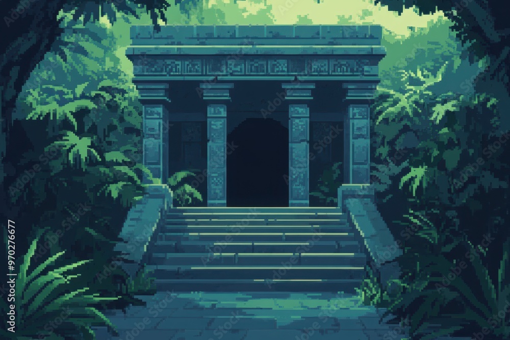 Poster retro 8-bit pixel art jungle temple with hidden pathways on blank background for copy space