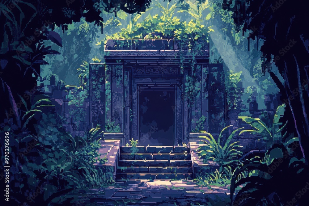 Poster retro 8-bit pixel jungle temple exploration with hidden pathways on blank background for copy space