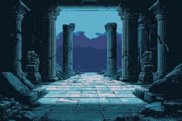 Retro 16-Bit Temple Scene with Pixel Art Statues and Copy Space for Text