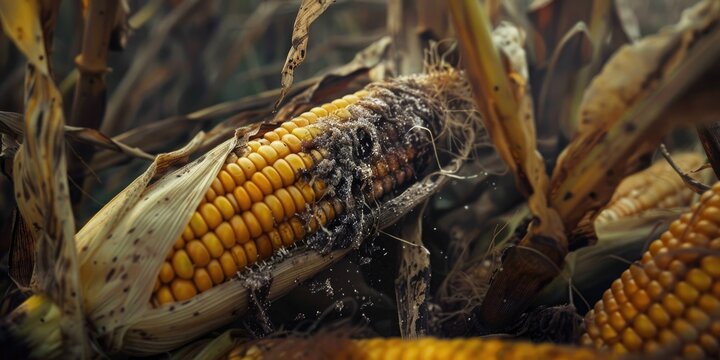 Corn infected with Ear Rot showcasing mold growth resulting from insect damage Decayed corn affected by Aflatoxin Aspergillus flavus and Aspergillus parasiticus suitable for consumption and