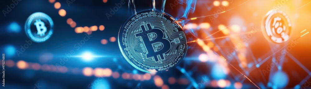 Poster a dynamic scene of liquid cryptocurrency pouring through the veins of a digital blockchain
