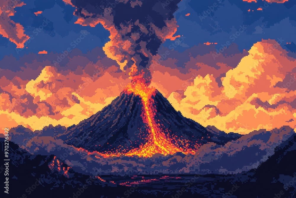 Poster retro 8-bit pixel art volcano erupting with lava against clear sky background for text overlay in vi