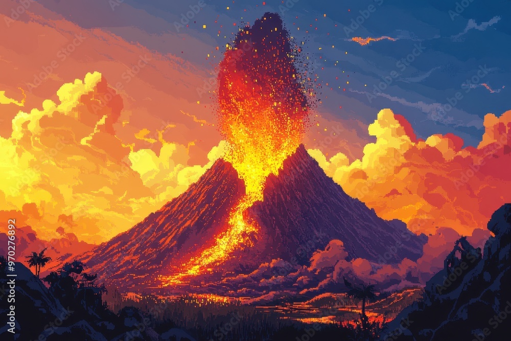 Poster retro 8-bit pixel volcano with bubbling lava against open sky for text overlay