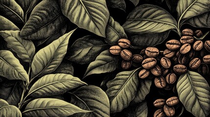 Engraved coffee seeds surrounded by coffee leaves in a surrealistic art 2d illustration