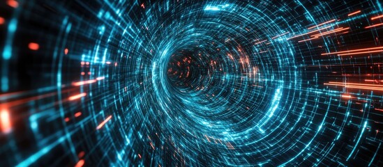 Obraz premium Camera gliding through an endless 3D grid space High definition motion backdrop showcasing a tunnel of vibrant lines and shapes rotating against a dark background Infinite digital landscape