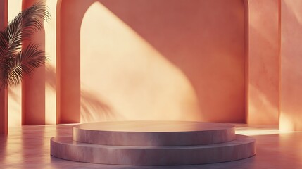 Two-tiered circular wooden podium in a room with arched doorways and soft light.