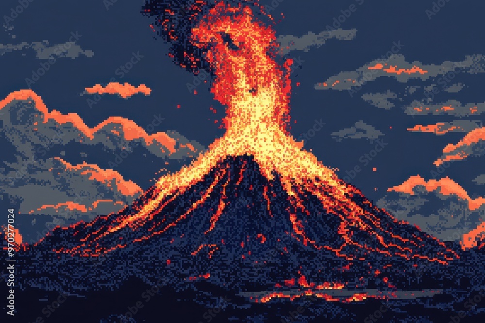 Poster pixelated volcano summit with lava eruption and copy space for text