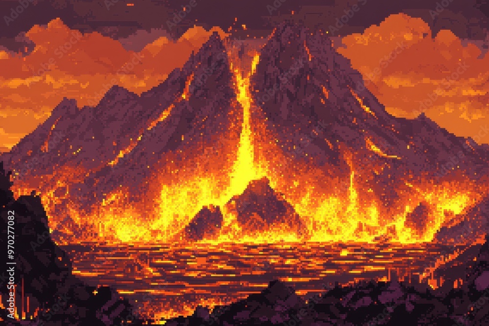 Aufkleber retro pixel art volcanic base background with empty space for text