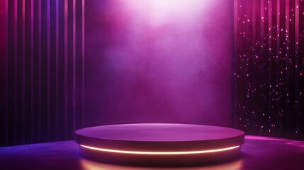 A circular platform with glowing neon light sits on a purple floor. The background is a dark purple with vertical stripes and sparkles.