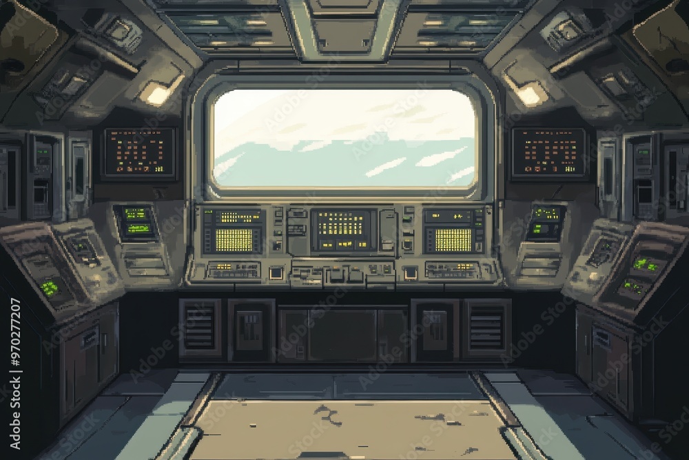 Poster futuristic pixelated space station interior with control panels and open window for copy space