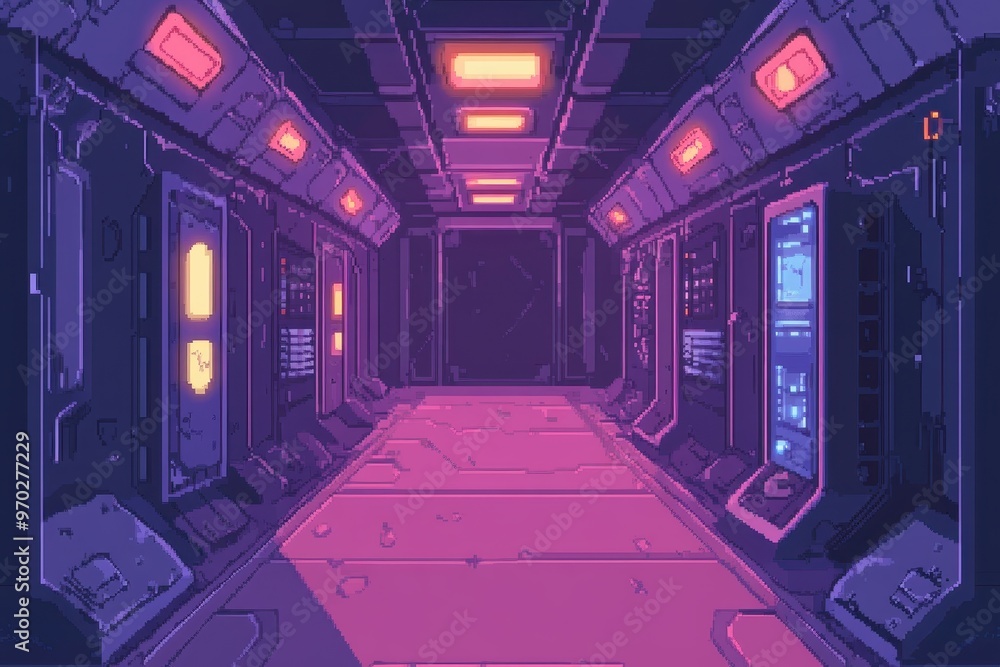 Poster futuristic 8-bit space station corridor with glowing lights and copy space for text