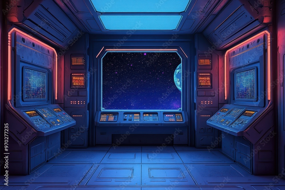Poster futuristic pixelated space station interior with control panels and copy space window for sci-fi con