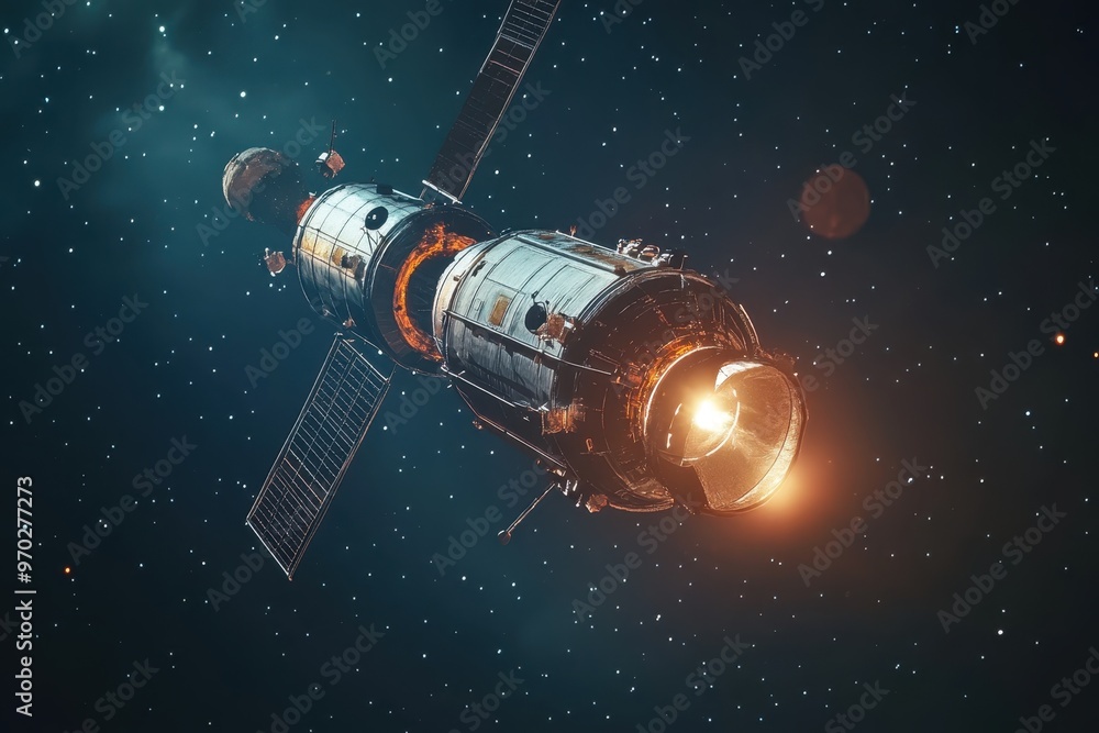 Poster cosmic pixelation - retro space station with clear copy space for galactic concepts.