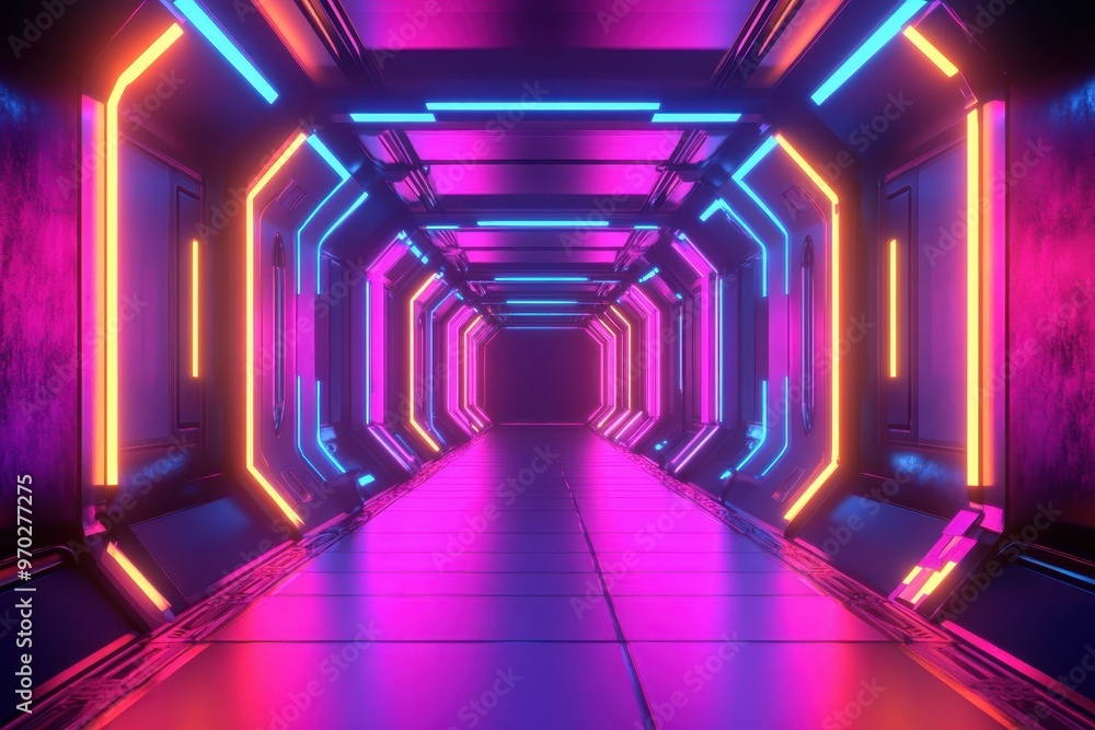 Aufkleber retro 8-bit space station corridor with glowing lights and copy space for text