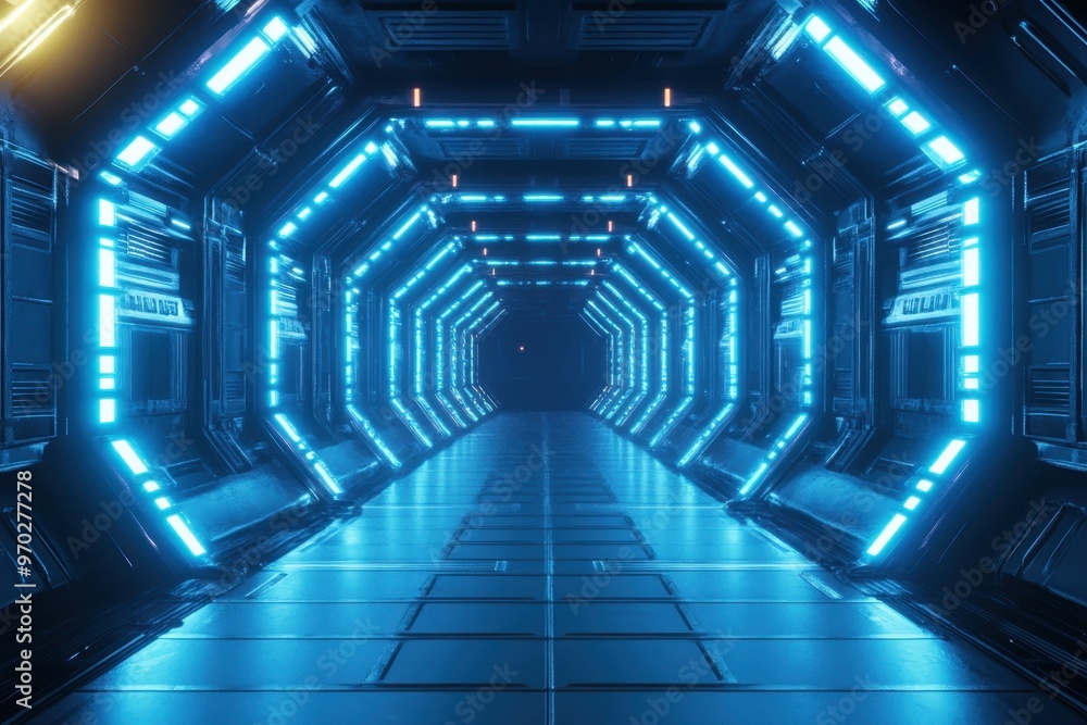 Aufkleber futuristic 8-bit space station corridor with glowing lights and copy space for text