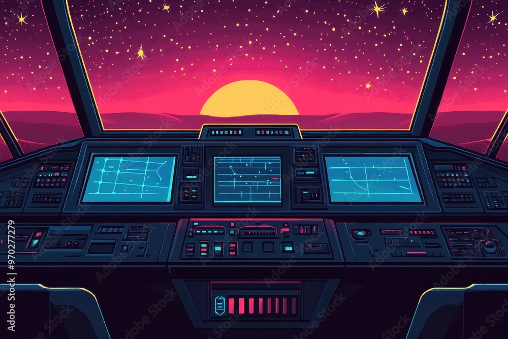 Poster retro space station with pixelated views of stars and clear space for copy