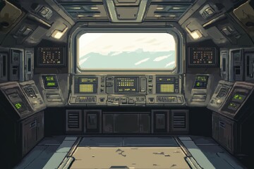 Fototapeta premium Futuristic Pixelated Space Station Interior with Control Panels and Open Window for Copy Space