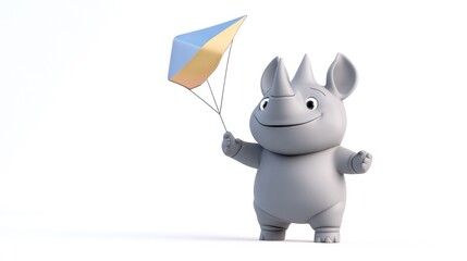 A cheerful cartoon rhinoceros holding a kite, symbolizing playfulness and joy.